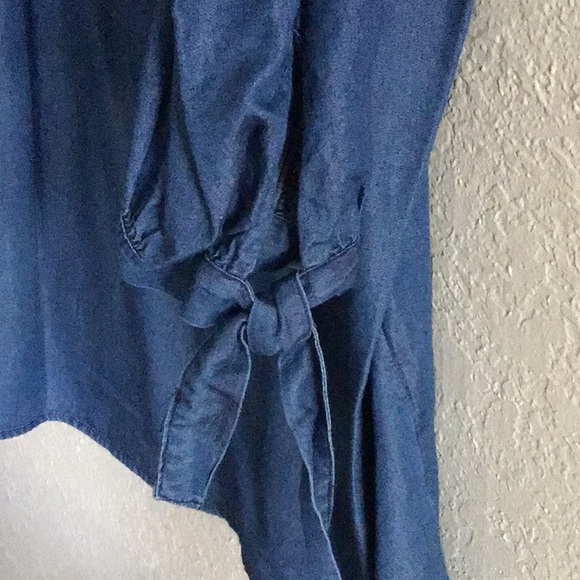 Soft blue cotton cold shoulder top with sleeve gathering and tie detailing - Picture 3 of 7